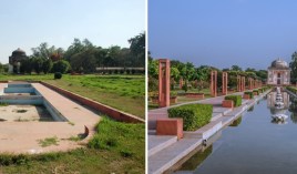Left: Area around Sunder Burj in 2008 - Right: Sunder Nursery Central Axis after restoration. The design of this 560 m vista is inspired by the Persian carpet design and includes a central portion that in future years will form the heart of Sunder Nursery for visitors. AKTC