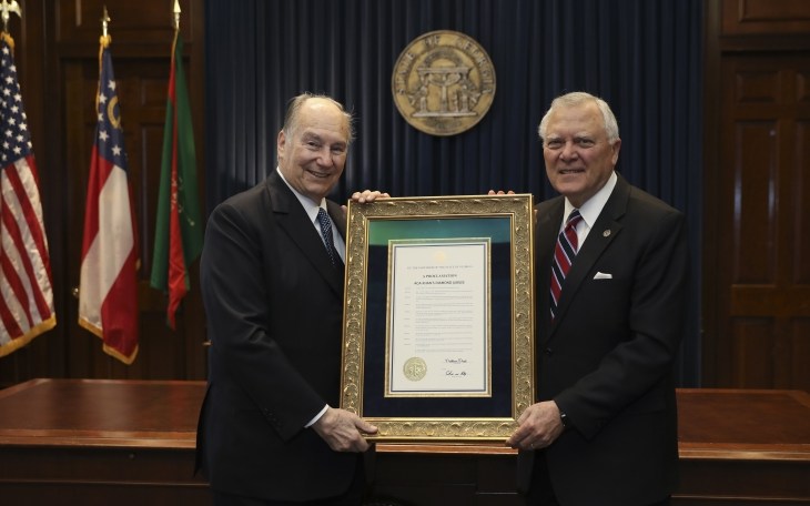Governor of the State of Georgia (USA) presents His Highness the Aga Khan with Proclamation on the occasion of his Diamond Jubilee