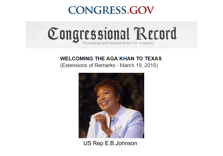 Congressional Record: Welcoming His Highness the Aga Khan IV to Texas - Remarks by Hon. Eddie Bernice Johnson | Congress.gov