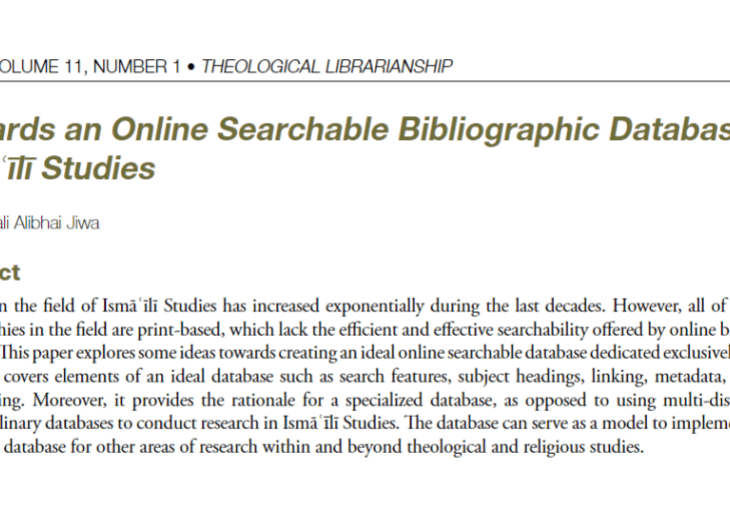 Nawazali A. Jiwa's study: “Towards an Online Searchable Bibliographic Database for Ismaili Studies”