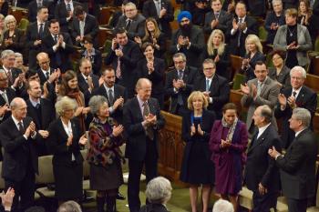 His Highness the Aga Khan receives a standing ovation at the conclusion of his address to both houses of Parliament in Ottawa, Canada, February 2014. - Photo credit: AKDN / Zahur Ramji