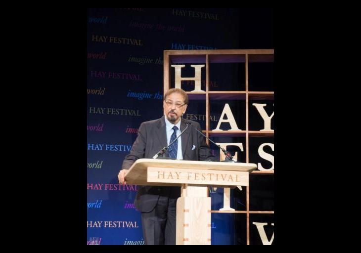 Dr Keshavjee on stage at Hay-on-Wye - Hay Festival 2018. The Ronald Higgins Memorial Lecture - Mediation and Restorative Justice. Friday 1 June 2018. Photo Russell Harris