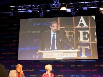Dr Keshavjee on stage at Hay-on-Wye - Hay Festival 2018. The Ronald Higgins Memorial Lecture - Mediation and Restorative Justice. Friday 1 June 2018. Photo Russell Harris