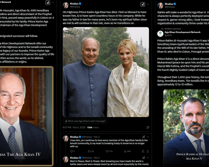 Extracts from Khaliya's tweets on the passing of His Highness Prince Karim Aga Khan IV, the 49th Imam of the Ismailis and the naming of the 50th Imam - His Highness Prince Rahim Aga Khan V