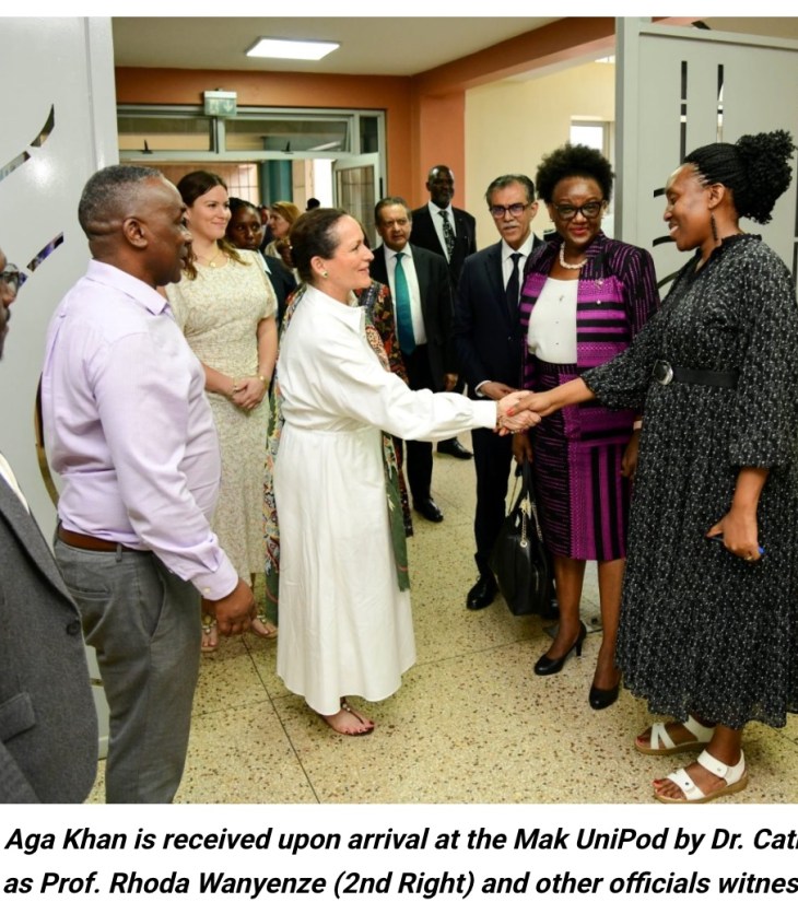 Princess Zahra Aga Khan is received upon arrival at the Mak UniPod by Dr. Cathy Ikiror Mbidde (Right) as Prof. Rhoda Wanyenze (2nd Right) and other officials witness.