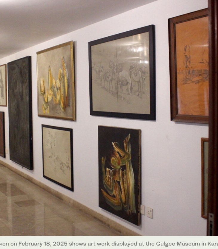 The photograph taken on February 18, 2025 shows art work displayed at the Gulgee Museum in Karachi, Pakistan.