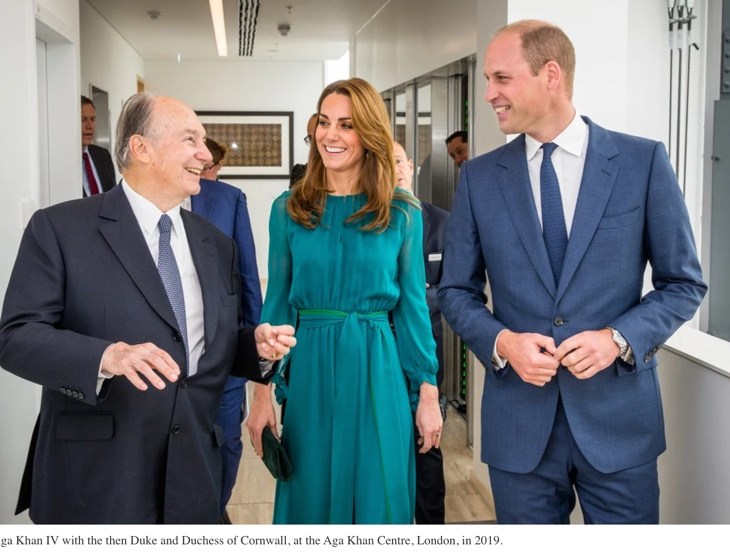His Highness the Aga Khan IV with the then Duke and Duchess of Cornwall, at the Aga Khan Centre, London, in 2019.