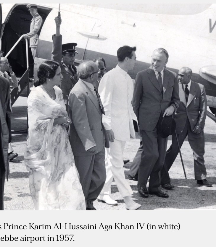 His Highness Prince Karim Al-Hussaini Aga Khan IV (in white) arrives at Entebbe airport in 1957.