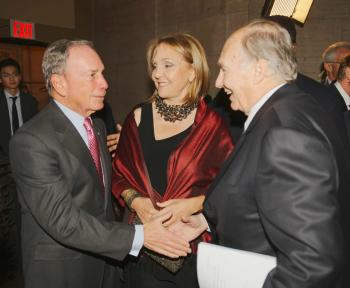 New York, USA. November 1, 2017: Former New York Mayor Michael Bloomberg, Asia Society President and CEO Josette Sheeran, and His Highness Prince Karim Aga Khan IV greet each other prior to the Asia Game Changer Awards. Image credit: Jamie Watts / Asia Society