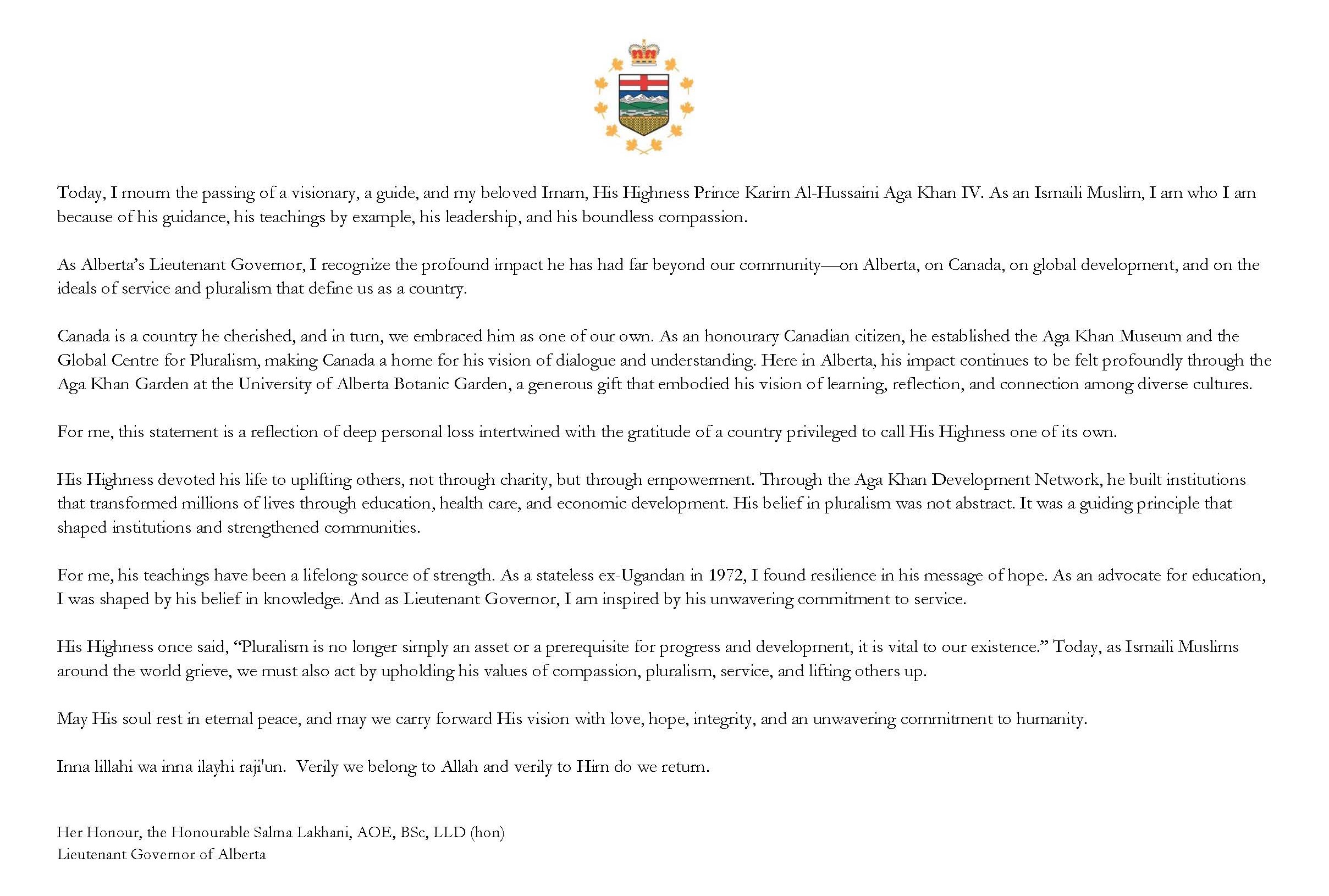 Message from Salma Lakhani - Lieutenant Governor of Alberta on the passing of His Highness Prince Karim Aga Khan IV