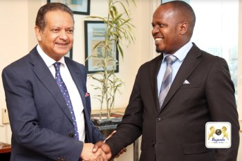 Kampala, Uganda. April 23, 2025: Buganda's Minister Israel Kazibwe Kitooke and Amin Mawji OBE, AKDN Representative in Uganda, exchanging warm greetings. Image credit: Buganda UK