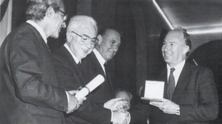 Rome, Italy. October 16, 1988:: His Highness Prince Karim Aga Khan IV is conferred Cavalierre del Lavoro, Italy’s highest state honour,by President Francesco Cossiga (l). Image credit: Ismaili USA, March 21, 1989 edition.