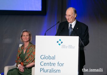Ottawa, Canada. November 20th, 2019: The Global Centre of Pluralism’s Director General Meredith Preston McGhie looks on as His Highness Prince Karim Aga Khan IV, delivers the opening address during the Global Pluralism Award ceremony held at the Delegation of the Ismaili Imamat. The Global Centre for Pluralism’s was founded as a partnership between His Highness Prince Karim Aga Khan IV and the Government of Canada. Image: The Ismaili / Mo Govindji.