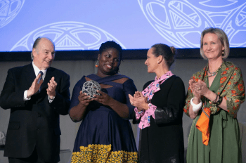 Ottawa, Canada. November 20th, 2019: His Highness Prince Karim Aga Khan IV, Princess Zahra Aga Khan and Global Centre for Pluralism Secretary General Meredith Preston McGhie present the 2019 Global Pluralism Award to Deborah Ahenkorah, co-founder of Golden Baobab. Deborah Ahenkorah is a young Ghanaian social entrepreneur and book publisher bringing African children’s stories to life. image credit: AKDN / Mo Govindji