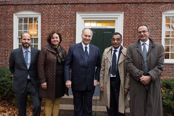 Cambridge, MA, USA. November 12, 2015: (L-R) Prince Hussain Aga Khan, Michèle Lamont, His Highness Prince Karim Aga Khan IV, Ali Asani, and Mark C. Elliott pose for a group photo ahead of the Jodidi Lecture Image credit: Weatherhead Center