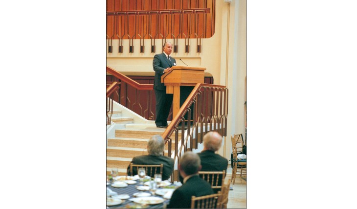 Washington, DC, USA. November 10th, 1999: His Highness Prince Karim Aga Khan IV delivering the Keynote Address on the New Networked Economy at the World Faiths & Development Dialogue Conference held at the World Bank, highlighting the importance of human capital and the global information infrastructure. 
Image credit: AKDN / Gary Otte