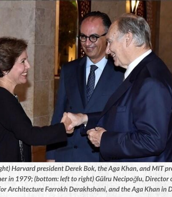 Gülru Necipoğlu, Director of the Aga Khan Award for Architecture Farrokh Derakhshani, and the Aga Khan in Dubai in 2016