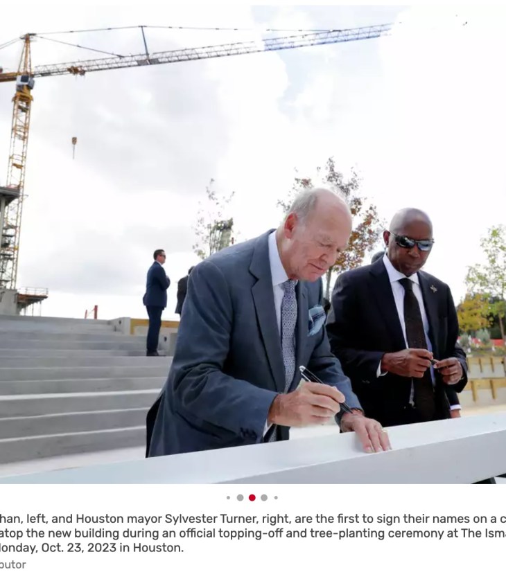Prince Amyn Aga Khan, left, and Houston mayor Sylvester Turner, right