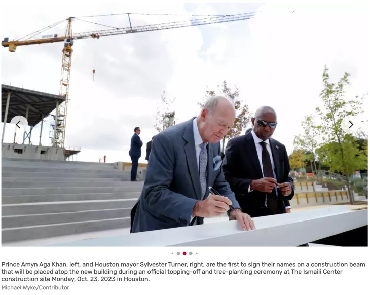 Prince Amyn Aga Khan, left, and Houston mayor Sylvester Turner, right