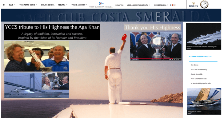 Images, left to right: – 2 images on the left(August 1992): Richard Branson presenting His Highness Prince Karim Aga Khan IV Virgin Atlantic Challenge Trophy on Destriero's record breaking Atlantic crossing. - bottom-left: (August 6, 1992) Destriero, an epitome of Italian naval technology, leaves behind the Ambrose Light in New York (USA), the skyscrapers of Manhattan and the Verrazzano bridge to embark on the record-breaking Atlantic Ocean crossing attempt – centre-right (August 1992): New York Yacht Club’s Columbus Atlantic Trophy being awarded to His Highness Prince Karim Aga Khan IV for Destriero setting a still-unbroken Atlantic crossing record. – top-right: Destriero, flying the Yacht Club Costa Smeralda burgee, crossed the Atlantic Ocean in record time (non-stop 3,106 miles in 58 hours, 34 minutes and 50 seconds, at an average speed of 53.09 knots). – bottom-right (June, 1983): Azzurra, in her first race for the Challenger Series of the 25th America’s Cup in Newport, Rhode Island, USA