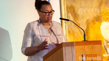 London, England. March 26th, 2025: The Rt Hon Patricia Scotland KC, Commonwealth Secretary-General, delivering the keynote address, including a touching tribute to His Late Highness Prince Karim Aga Khan IV. Image credit: Eastern Eye / The Ismaili National Council for the United Kingdom