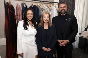 CHICAGO, ILLINOIS - APRIL 03: (L-R) Rozmin Valliani, Princess Yasmin Aga Khan and Ebrahim Valliani attend as Akris Celebrates Princess Yasmin Aga Khan As Global Woman With Purpose Before Opening Boutique In Chicago at Waldorf Astoria Chicago on April 03, 2025 in Chicago, Illinois. (Photo by Barry Brecheisen/Getty Images fpr Akris)