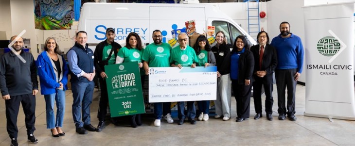 Partners from St. Monica's Roman Catholic Parish, Staff from Surrey Food Bank, Save-On Foods Sunwood, Manager, Israel Martins, Volunteers from Ismaili CIVIC, Save-On Foods Willingdon, Assistant Manager- Brooklyn Murphy, Hajira Hussein, Executive Director of Richmond Food Bank, Partners from St. Monica's Roman Catholic Parish and Staff from Surrey Food Bank pose for a photo at Surrey Food Bank on Friday, April 4, 2025 in Surrey. Anna Burns/ Surrey Now-Leader
