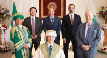 Lisbon, Portugal. May 22, 2021:Virtual Event - Global Convocation of Aga Khan University His Highness Prince Karim Aga Khan IV, and members of his family pose for a group photograph on the occasion of the Aga Khan University’s first ever global convocation, hosted as a virtual event. Standing from left to right: Princess Zahra, Prince Aly Muhammad, Prince Hussain, the then Prince Rahim and Prince Amyn Mohamed. Image credit: Cécile Genest / IPL