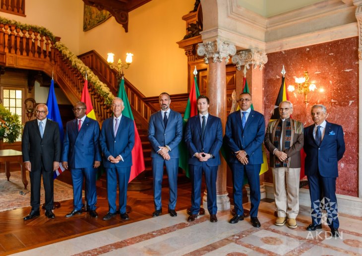 Lisbon, Portugal. April 26, 2024 – Heads of State from the Community of Portuguese Language Countries (CPLP) were hosted at the Diwan of the Ismaili Imamat. The then Prince Rahim Aga Khan and Prince Aly Muhammad Aga Khan welcomed Portugal's President Marcelo Rebelo de Sousa and leaders from other Lusophone countries. In attendance were (L to R): Their Excellencies Presidents José Maria Neves of Cabo Verde, Umaro Sissoco Embaló of Guinea-Bissau, Marcelo Rebelo de Sousa of Portugal, Prince Rahim Aga Khan V, Prince Aly Muhammad, Carlos Manuel Vila Nova of Sao Tome and Principe, José Ramos-Horta of Timor-Leste, Nazim Ahmad, Diplomatic Representative of the Ismaili Imamat to Portugal. Image credit: AKDN / Fernando Costa