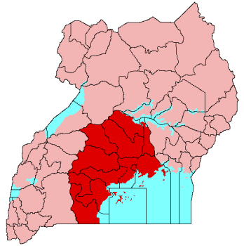 Location of Buganda (red) in Uganda (pink). Image credit: Wikipedia