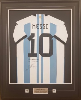 Lionel Messi's autographed FIFA World Cup 2022 Argentina football shirt made available for the 2024 silent auction of the Chicago Rita Hayworth Gala. Image credit: Al Dhalla