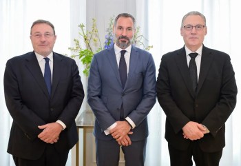 Brussels, Belgium. March 17, 2025: His Highness Prince Rahim al-Hussaini Aga Khan V with Achim Steiner, Administrator (left), and Abdallah Al Dardari, Assistant Secretary General (right), at the United Nations Development Programme. Image credit: AKDN / DPMN