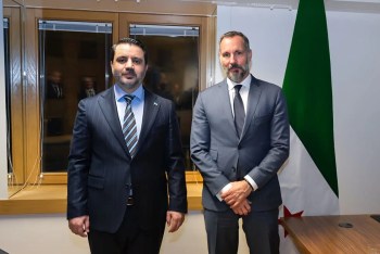 Brussels, Belgium. March 17, 2025: His Highness Prince Rahim al-Hussaini Aga Khan V with His Excellency Asaad Hassan al-Shaibani, Syria’s Interim Foreign Minister. Image credit: AKDN / DPMN