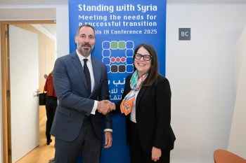 Brussels, Belgium. March 17, 2025: His Highness Prince Rahim al-Hussaini Aga Khan V with Natasha Franceschi, Deputy Assistant Secretary in the Bureau of Near Eastern Affairs at the US Department of State. Image credit: AKDN / DPMN