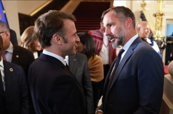 Paris, France. March 27, 2025: His Highness the Aga Khan, Prince Rahim al-Hussaini Aga Khan V, in conversation with President Emmanuel Macron at the Nutrition for Growth (N4G) Summit. Hosted by the French Ministry for Europe and Foreign Affairs, in collaboration with the N4G Steering Group and the Paris Peace Forum – of which AKDN is a founding partner – the Summit is taking place following a 20-year tradition of being organised by the host country of the most recent Olympic and Paralympic Games. Image credit: AKDN / Frederic Bukajlo