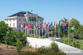 Lisbon, Portugal. June 2024: Twenty two flags fly at the Diwan of the Ismaili Imamat in Lisbon, representing each of the Ismaili Council jurisdictions worldwide. Image credit: IPL / The Ismaili
