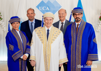 Lisbon, Portugal. June 19, 2021:Virtual Event - First Convocation of the University of Central Asia His Highness Prince Karim Aga Khan IV, and members of his family pose for a group photograph on the occasion of the University of Central Asia’s inaugural convocation, hosted as a virtual event. Standing from left to right: Princess Zahra, Prince Hussain, Prince Amyn Mohamed and the then Prince Rahim. Image credit: Thomas Wibaux / AKDN